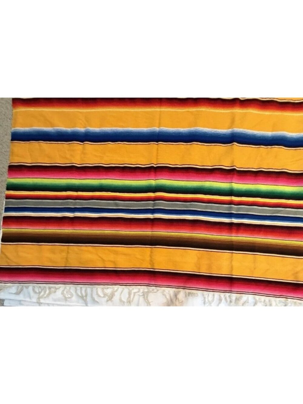 Vintage 80s Yellow Mexican Serape Blanket Colorful Stripes Boho Fringe 82" x 60 - Picture 4 of 16